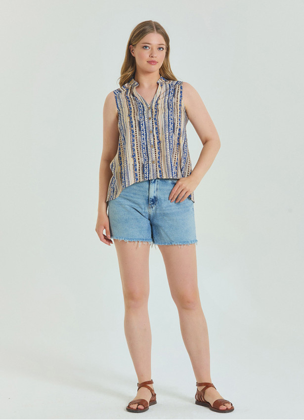 Shirt Collar Asymmetric Cut Beige Ethnic Blouse 4562